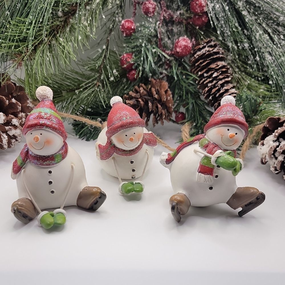 Festive Snowman Figurine Set Of 3- Red and Green Accents Unbranded